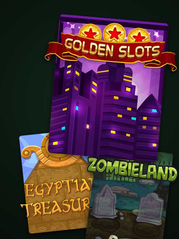 Slot oyunlarının afişleri: Golden Slots, Egyptian Treasures, Zombieland